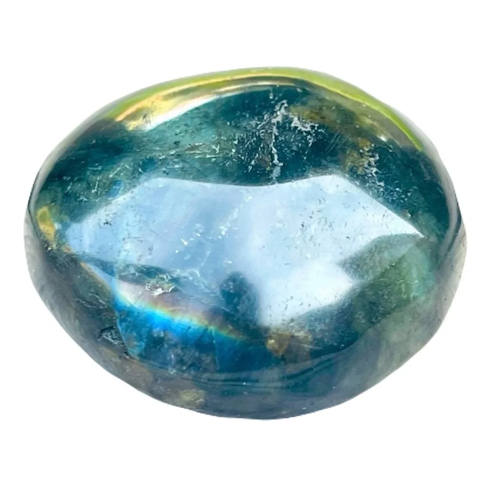 New Handmade Natural Labradorite Blue Green Crystal Oblong Carved Palm Stone